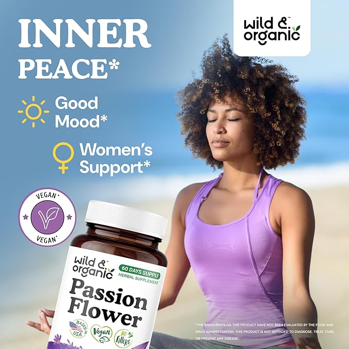 Wild & Organic Passion Flower Capsules 600 mg - Relaxation & Mood Support - Passionflower Extract Supplement - Passiflora Incarnata Herb - Vegan, No Fillers, Non-GMO - 60 Count