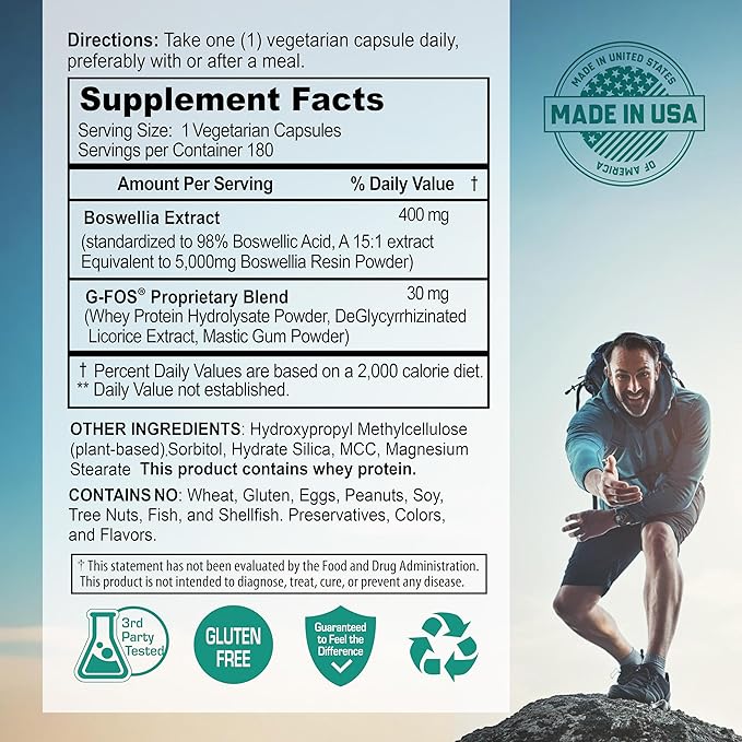 Boswellia Serrata with G-FOS - 98% Boswellic Acid - Supports Joint & Mobility Health - 180 Vegan Capsules, 180 Day Supply