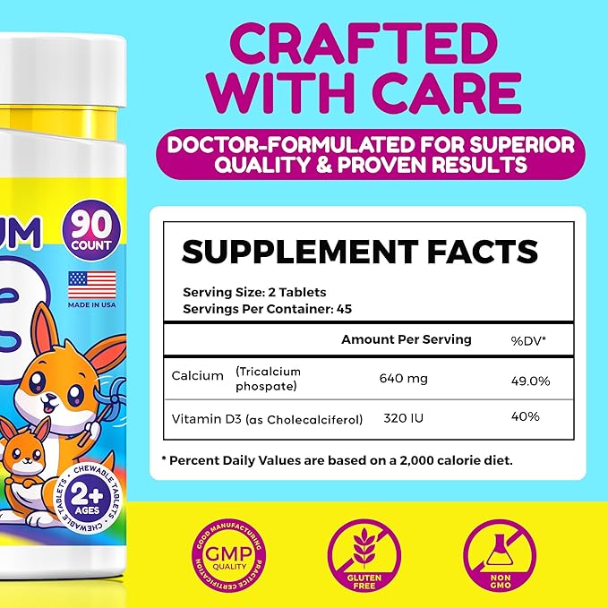 Calcium D3 Chewable Tablets for Kids โ 640 mg Calcium & 320 IU Vitamin D3 โ Non-GMO, Milk Flavor โ Bone & Teeth Support Supplement โ 90 Tablets for Ages 2+