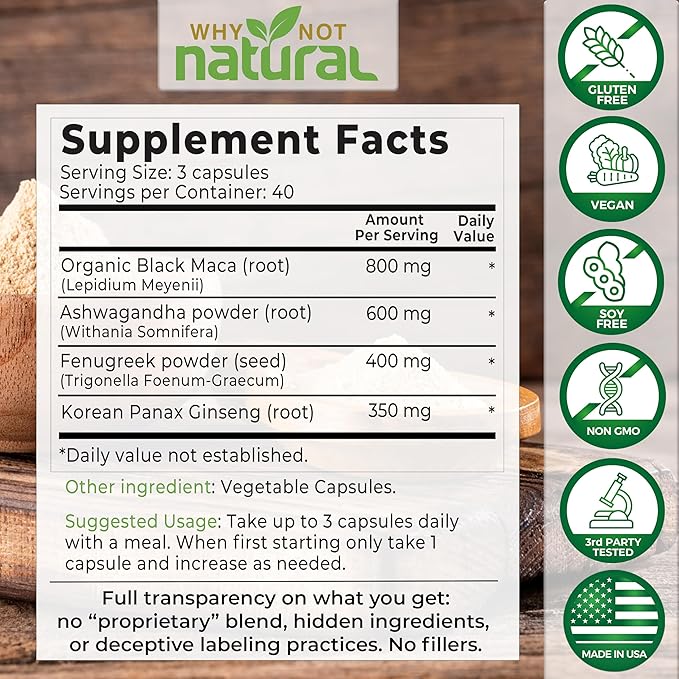 Why Not Natural 4-in-1 Organic Black Maca Root, Ashwagandha, Fenugreek, Panax Ginseng Capsules, Supplement for Men and Women