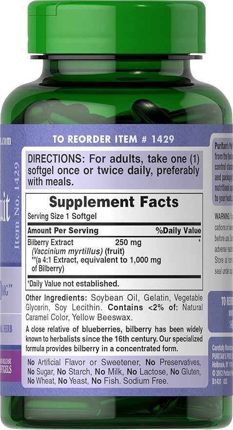 Puritan's Pride Premium Bilberry Fruit Extract 250 mg (1000mg Equivalent), 4:1 Concentrated Herbal Supplement, Vitamin C, 3 to 6 Month Supply, 180 Rapid Release Softgels, Packaging May Vary