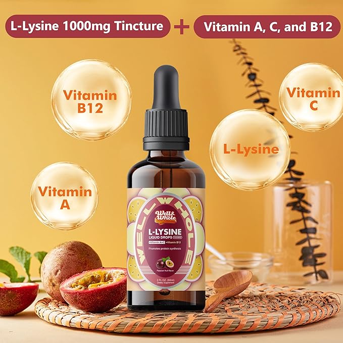 L-Lysine Supplement Liquid Drops | L-Lysine 1000mg Tincture with Vitamin A, C, and B12 for Adults & Kids | Immune Support, Skin & Lips Health, Collagen Synthesis | Non-GMO, Vegan, 2 Fl Oz (60 ML)