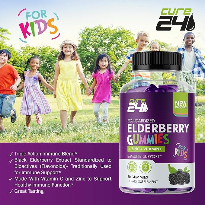 Sambucus Elderberry Gummies + Vitamin C + Zinc for Kids, X3 Immune Support, Natural Flavors + Ingredients, Vegan, Non-GMO, 60 Count, Made in USA