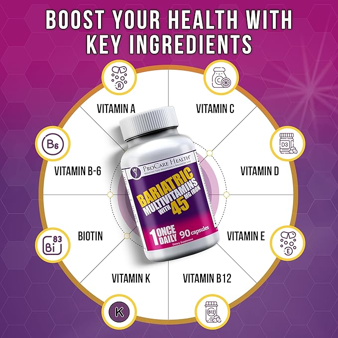 ProCare Health Bariatric Multivitamin with Iron 45mg (90 Easy to Swallow Capsules) - Post Op Bariatric Vitamins for Gastric Bypass Pills for Sleeve Patients, Sustain Recovery & Energy (3 Month Supply)