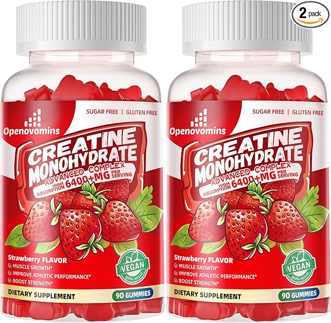 Creatine Monohydrate Gummies Complex for Men & Women -Advanced Formula W/L-Taurine + Vitamin B12, Sugar Free Chewable Supplement,180 Strawberry Gummies 2pack