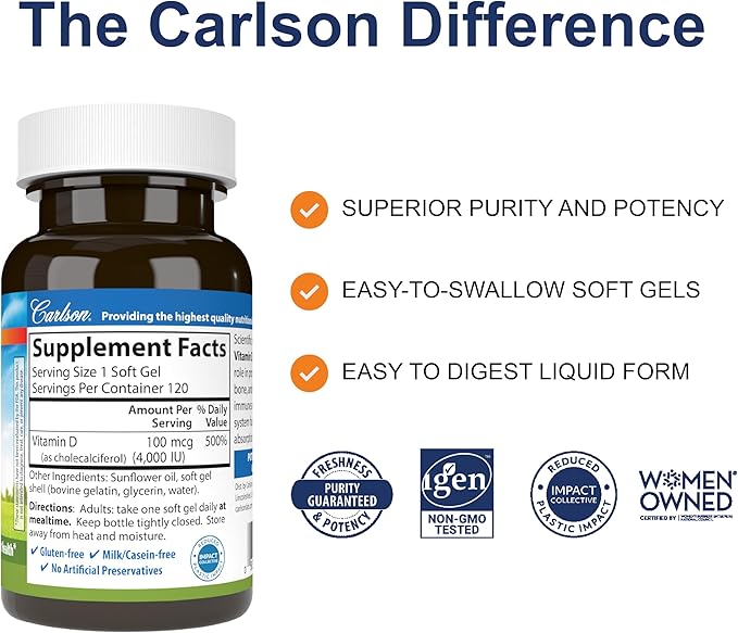 Carlson - Vitamin D3, 4000 IU (100 mcg), Vitamin D Supplements, Bone & Immune Health, Cholecalciferol Supplement, Gluten Free Vitamin D Capsules, 120 Softgels