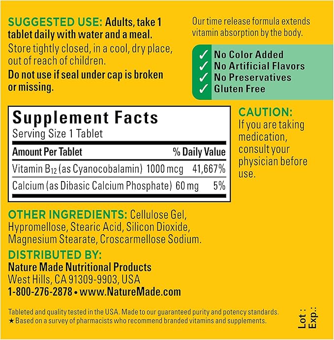 Nature Made Vitamin B12 1000 mcg, Dietary Supplement For Energy Metabolism Support, 75 Time Release Tablets, 75 Day Supply