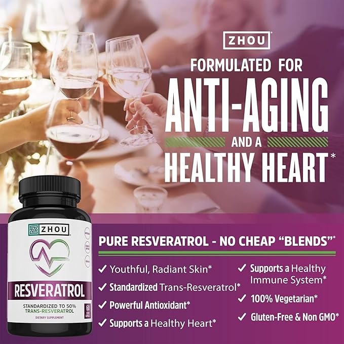 Zhou Resveratrol Supplement | Healthy Aging, Immune System & Heart Health Support | Powerful Antioxidant Benefits | 30 Servings, 60 Veg Caps