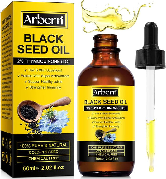 Black Seed Oil Organic Cold Pressed,100% Pure & Natural Liquid Black Seed Oil Cold Pressed Glass Bottle 60ML for Skin Cares, Nourishes and Hydrates Hair