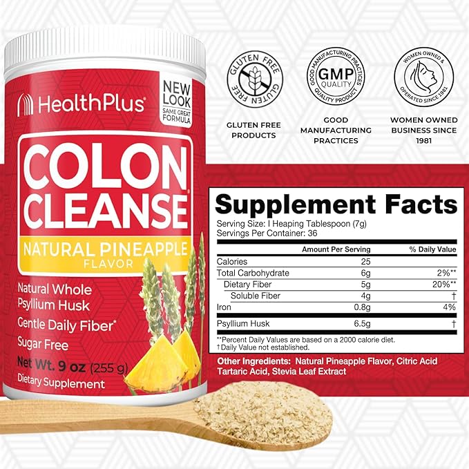 Health Plus Colon Cleanse - Natural Daily Fiber - No Artifical Flavors, Natural Sweetener, Gluten Free, Detox, Heart Healthy, Pineapple Flavor (9 Ounces, 36 Servings)