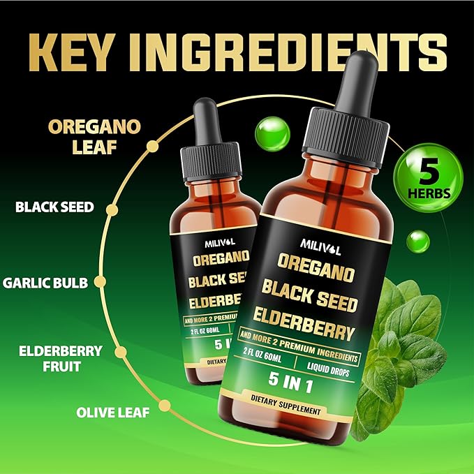 5in1 Oregano Oil Liquid Drops with Black Seed, Elderberry, Garlic, Olive Leaf - Immune Support Supplement - 2 Fl Oz