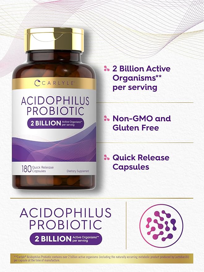Carlyle Acidophilus Probiotic for Women & Men's Digestive Health | 2 Billion CFU | 180 Quick Release Capsules | Non-GMO & Gluten Free