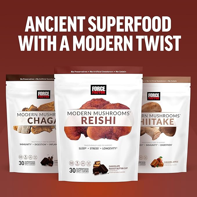 FORCE FACTOR Modern Mushrooms Soft Chews, Reishi Mushroom Supplement to Support Sleep, Stress Relief, & Longevity, Antioxidants Supplement, Delicious Chocolate Peanut Butter Cup Flavor, 30 Soft Chews