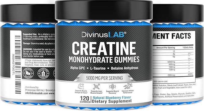Creatine Monohydrate Gummies 5g (5000mg) for Men & Women - Sugar-Free Creatine Pre Workout Chews For Energy Boost, Creatine Supplement For Building Muscle and Strength, Vegan, 120 Gummies, 30 Servings