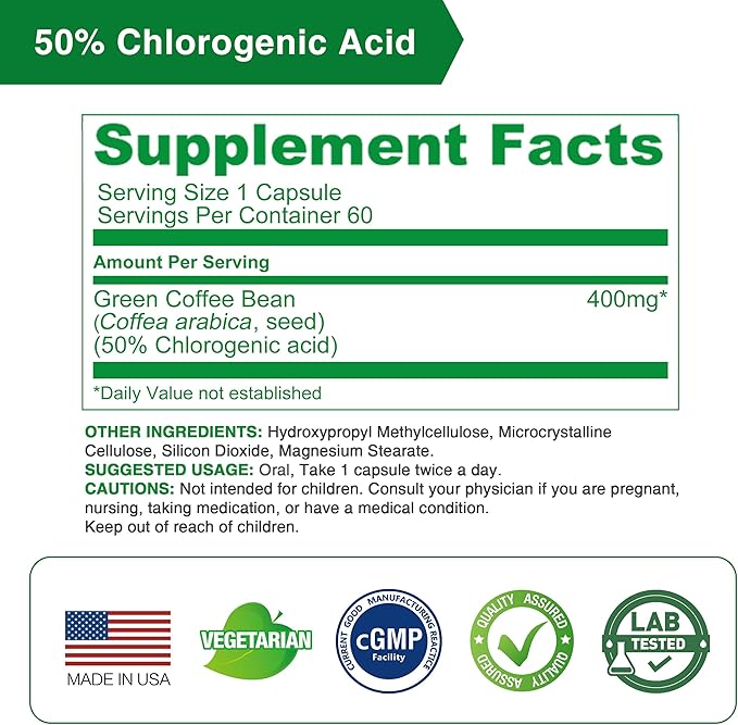 Lovita Green Coffee Bean Extract: Natural Antioxidant, High Potency, 50% Chlorogenic Acid, Vegan-Friendly Dietary Supplement - 60 Capsules