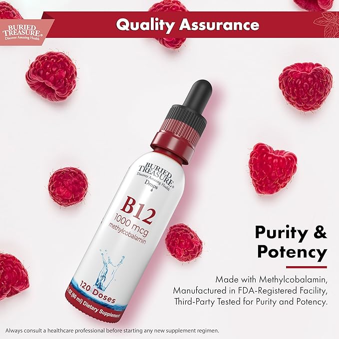 Buried Treasure B12 Drops - 1000mcg Vitamin B12 Methylcobalamin per Serving, 120 Servings - Sublingual B12, Alcohol-Free, Vegan, Raspberry Flavor, 2 oz Bottle, Graduated Dropper Accurate Dosing