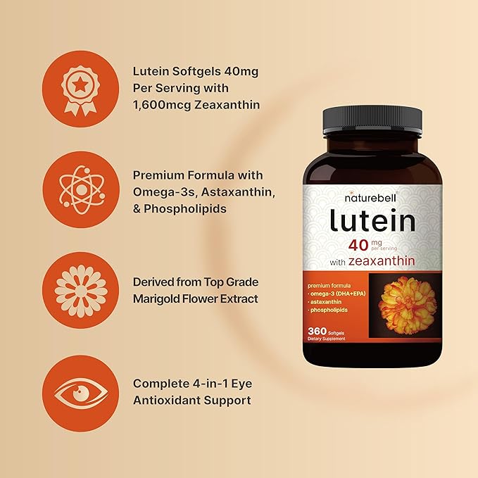 Lutein 40mg and Zeaxanthin 1,600mcg Per Serving, 360 Softgels | 4 in 1 with Omega-3s, Astaxanthin, & Phospholipids – Marigold Flower Extract – Eye Antioxidant Vitamins – Non-GMO