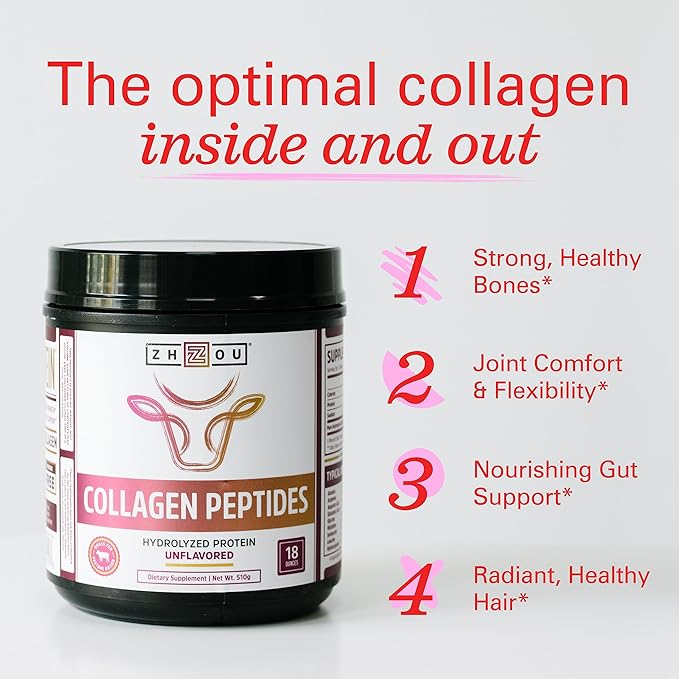 Zhou Collagen Peptides - Pure Hydrolized Collagen Powder for Women & Men, Grass Fed Natural Bovine Collagen for Skin, Hair Growth, Joints & Bones - 18 oz Jar (46 Servings)