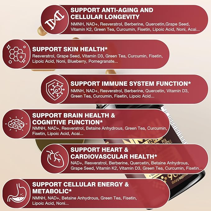 19 in 1 NMNH (Dihydronicotinamide Mononucleotide) 1000mg Per Serving, NAD Supplement to Boost NAD+ Levels NAD Resveratrol Supplement with Quercetin, Berberine for Anti Aging, Energy, 90 Capsules-074