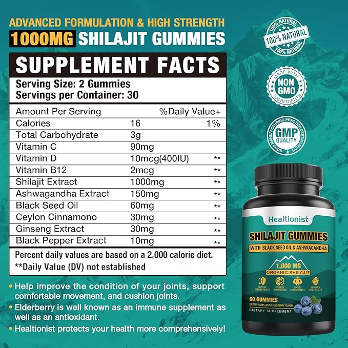 1 Packs 1000 MG Shilajit Supplement Gummies with 85+ Trace Minerals, Fulvic Acid, Pure Organic Shilajit Himalayan Gummy for Men & Women, Energy, Brain, Immunity Suport - 60 Counts