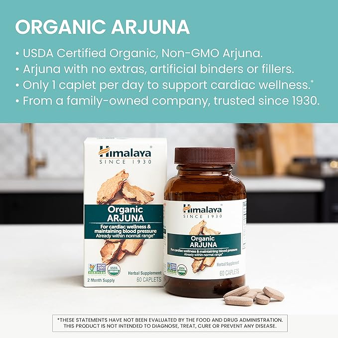 Himalaya Organic Arjuna Herbal Supplement, Cardiovascular Support, Blood Pressure Maintenance, Heart Health, USDA Certified Organic, Non-GMO, Vegan, 700 mg, 60 Plant-Based Caplets, 60 Day Supply