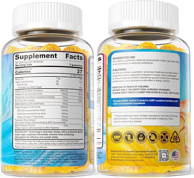 Vegan Omega-3 Gummies 1000mg + Turmeric - Omega 3 Fish Oil Alternative for Adults - Algae DHA 600mg & EPA 300mg, Vitamins A, C, E, Zinc & MSM, Sugar Free, 60 Cts