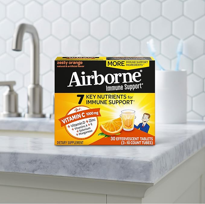 Airborne Vitamin C 1000mg (per Serving) - Zesty Effervescent Tablets, Gluten-Free Immune Support Supplement, Echinacea & Ginger, Orange, Citrus, 30 Count (Pack of 3)
