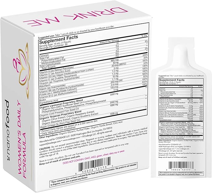 Codeage Liposomal Women's Daily Vitamins Liquid Pouch Formula, Vegan Omega-3 Liquid Multivitamin Supplement, Biotin, Vitamins A, B, C, D, E, Riboflavin, Berry - Non-GMO - 30 Pouches