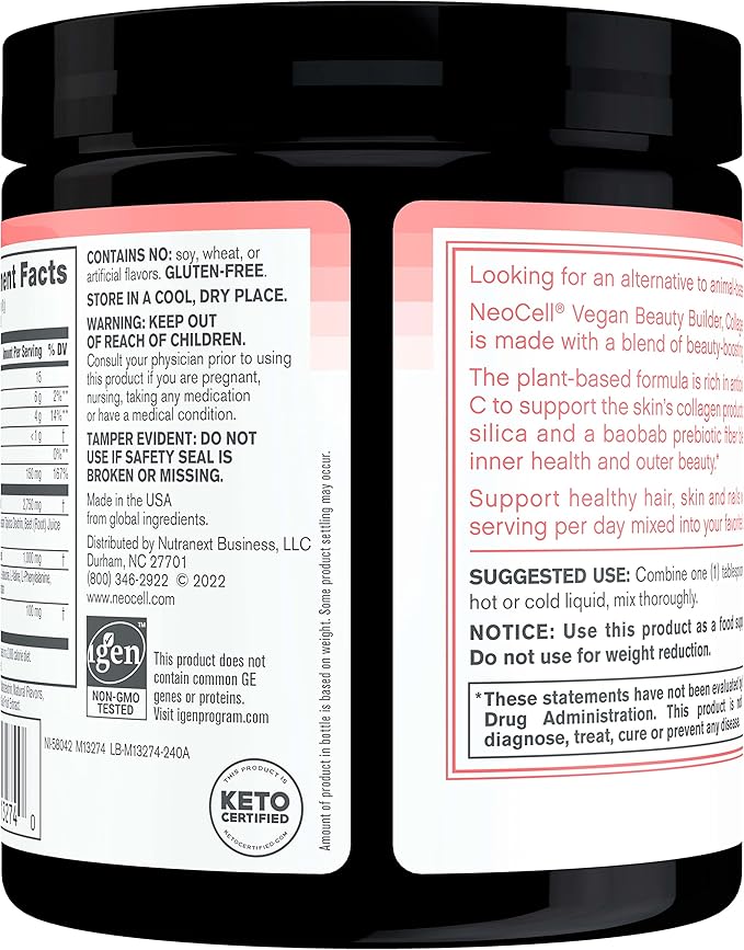 NeoCell Vegan Beauty Builder Collagen Alternative; Plant-Based Vegan Collagen-Booster Supports Collagen Production; Hibiscus Flavored; 8 g Powder/Serv; 30 Servs; 8.5 Oz,* (Pack of 2)
