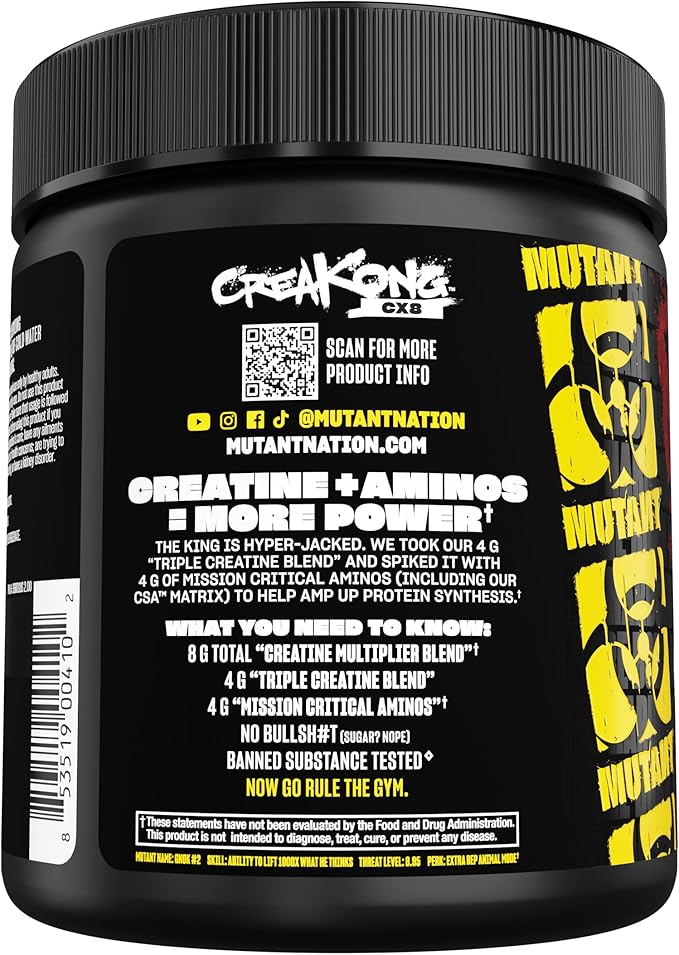 Mutant CREAKONG CX8 – Advanced Creatine + Amino Supplement with 4g Triple Creatine Blend, 4g Amino Blend (BCAAs & Taurine) for Muscle Growth & Performance – Unflavoured, 249g (30 Servings)