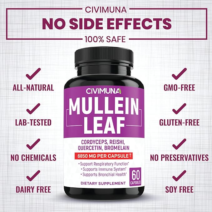 (2 Packs) Mullein Leaf Capsules 6850mg - Mullein Leaf, Cordyceps, Reishi - 4 Months Supply