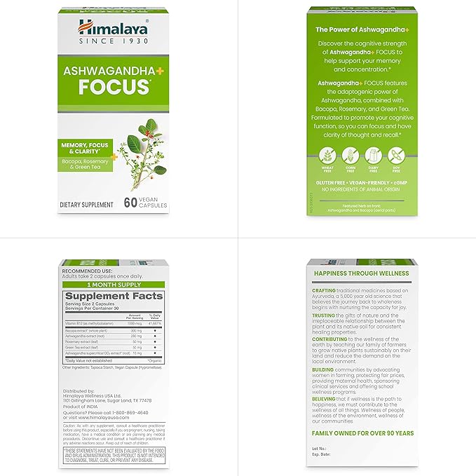 Himalaya Ashwagandha+ Focus with Ashwagandha, Bacopa, Rosemary & Green Tea for Memory, Focus and Clarity, 60 Capsules, 1 Month Supply, Vegan, Gluten Free