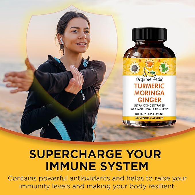 Organic Veda Turmeric Moringa Ginger Capsules - Super Antioxidants & Curcumin Supplement with 20:1 Moringa Leaf & Seed Extract, Black Pepper - Energy, Joints, Heart Health Support - 60 Vegan Pills
