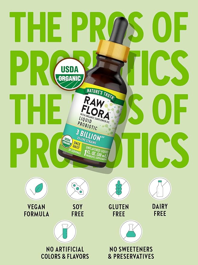 Nature's Truth Raw Flora USDA Organic Liquid Probiotic | Doctor Formulated | 25 Billion Live Strains | Vegan & Gluten Free Supplement for Men and Women