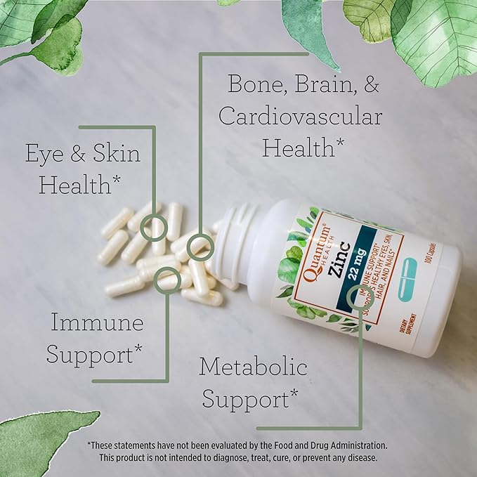 Quantum Health Zinc Gluconate 22mg Daily Immunity Boost Supplement Supports Energy, Healthy Eyes, Hair Skin & Nails - Essential Mineral Immune Support for Women & Men - 100 Capsules