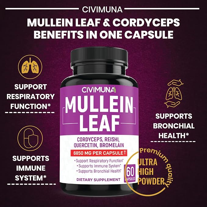 (2 Packs) Mullein Leaf Capsules 6850mg - Mullein Leaf, Cordyceps, Reishi - 4 Months Supply