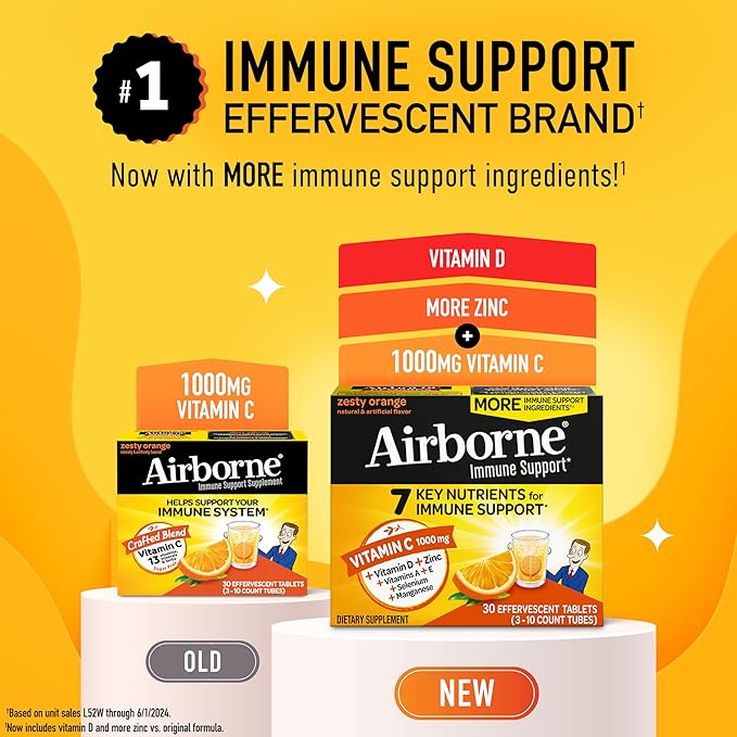 Airborne Vitamin C 1000mg (per Serving) - Zesty Effervescent Tablets, Gluten-Free Immune Support Supplement, Echinacea & Ginger, Orange, Citrus, 30 Count (Pack of 3)