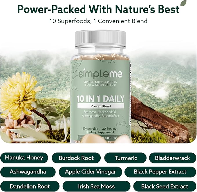 Burdock Root Organic and Bladderwrack 10 in 1 Immunity Booster Power Blend with Irish Sea Moss, Ashwagandha and Black Seed Supplement for Men and Women, Seamoss Pills Herbal, Vegan - 60 Capsules