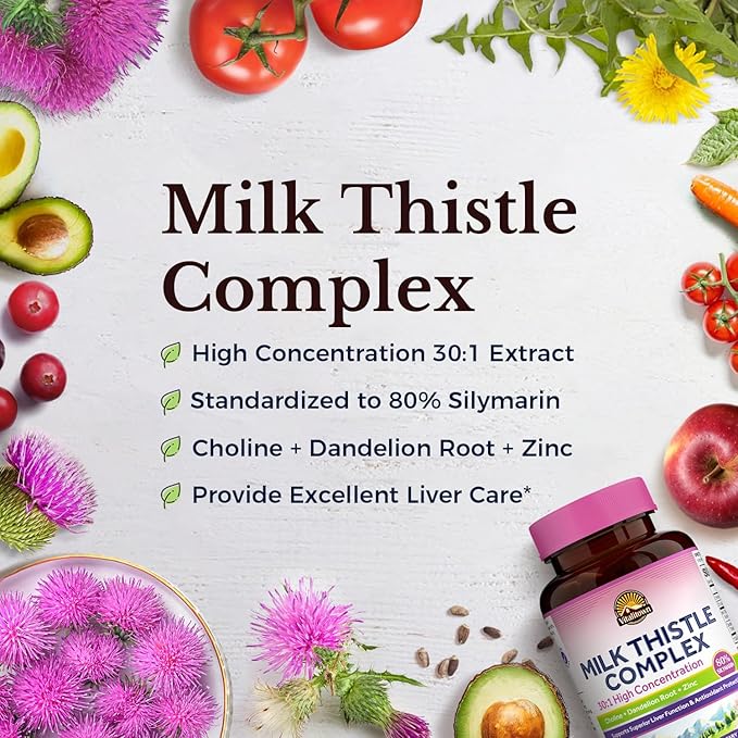 Vitalitown Milk Thistle Complex | 30X Extract & Std. 80% Silymarin | Choline + Dandelion Root + Zinc | Superior Liver & Antioxidant Support | Vegan, Non-GMO, No Dairy | 600 mg | 60 Veggie Caps