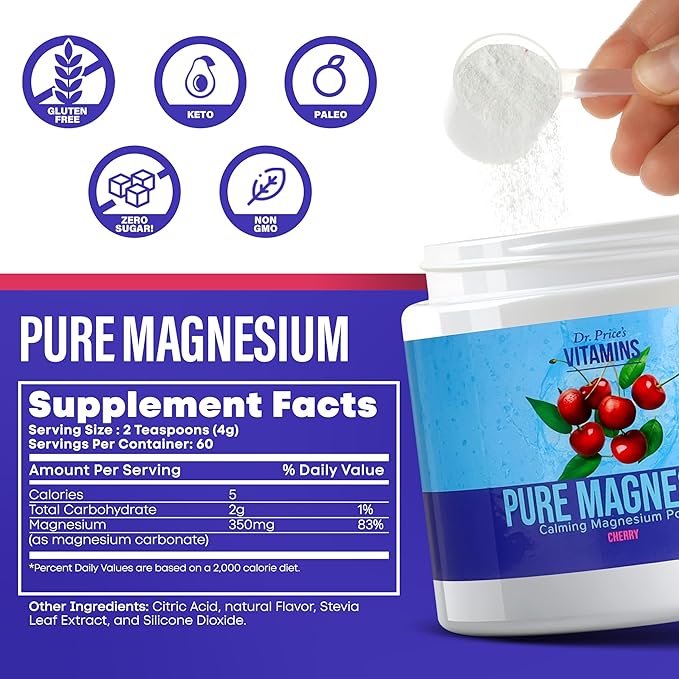 Dr. Price's Calming Magnesium Powder - Magnesium Citrate - Magnesium Supplement - 60 Servings - Pure Magnesium Powder - Natural Calming Magnesium - Non-GMO, Gluten Free, Anti-Stress Drink Mix - Cherry
