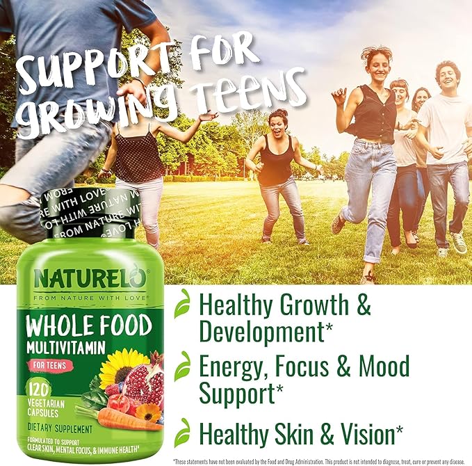 NATURELO Teen Multivitamin - Whole Food Multivitamin - with Minerals for Teenage Boys & Girls - Supplement for Active Kids - Non-GMO - Vegan & Vegetarian - 120 Capsules