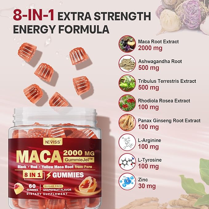 Sugar Free Maca Root Filled Gummies for Women Men | Organic Black, Red, Yellow Maca 2000mg Per Serving | with Ashwagandha | Vegan, Non-GMO & Gluten Free Supplement | Grapefruit Flavor, 60 Count