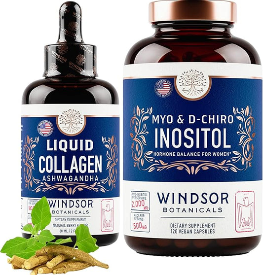 WINDSOR BOTANICALS Liquid Collagen Ashwagandha and Inositol Capsules - Hormonal Balance & Mood Support Bundle
