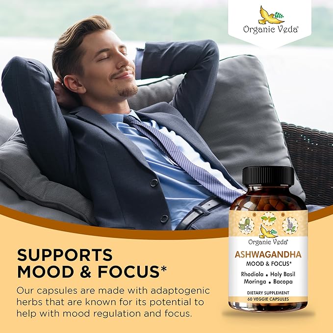Organic Veda Ashwagandha Mood Support Supplement 1200mg, with Organic Ashwagandha Root, Bacopa, Rhodiola Rosea, Holy Basil, Moringa, Focus & Energy Support - 60 Vegan Capsules