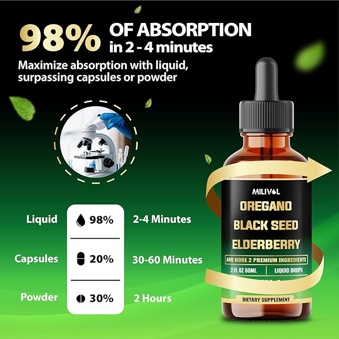 5in1 Oregano Oil Liquid Drops with Black Seed, Elderberry, Garlic, Olive Leaf - Immune Support Supplement - 2 Fl Oz