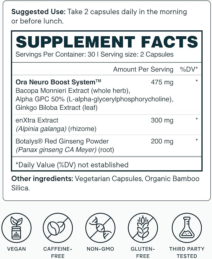 Ora Organic - Brain Health Supplement for Focus, Mental Energy + Memory - Panax Red Ginseng, Bacopa Monnieri, Alpha GPC, & EnXtra - Third-party Tested & Caffeine-free - 60 Capsules