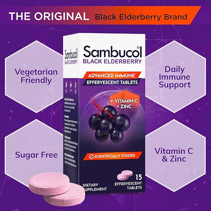 Sambucol Black Elderberry Tablets with Vitamin C & Zinc - Immune Support Supplement, Black Elderberry with Zinc and Vitamin C Effervescent Tablets, High Antioxidants, Drink Fizzies- 30 Count