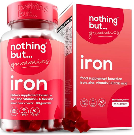Natural Iron Supplement for Women and Men with a Delicious Mixed Berry Flavor - Chewable Vegan Iron Supplements w/Vitamin C, Zinc, Folic Acid & B Vitamins - 60 Iron Gummies for Anemia