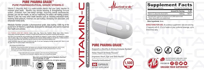 Metabolic Nutrition Vitamin C, 1500mg, Pure Pharma Grade, High Absorption Ascorbic Acid Capsules (90 caps)