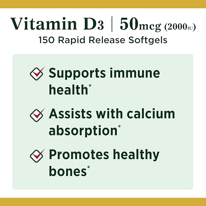 Nature's Bounty Vitamin D, Supports Immune Health & Bone Health, 2000IU Vitamin D3, 150 Softgels,150 Count (Pack of 2)